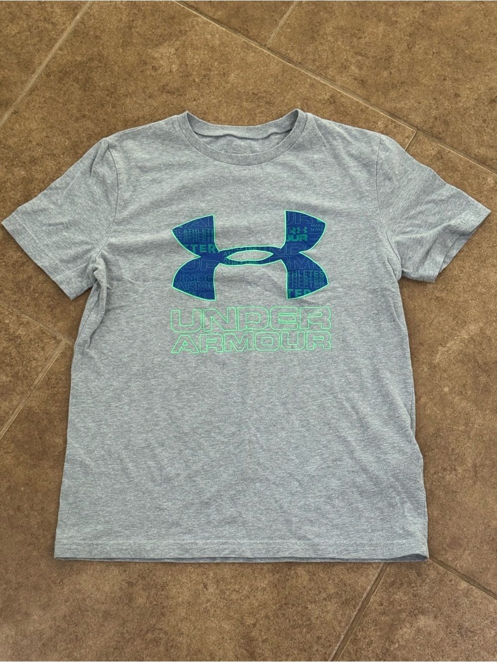 Under Armour Light Gray Tee with Blue and Green Logo - Kids Short Sleeve